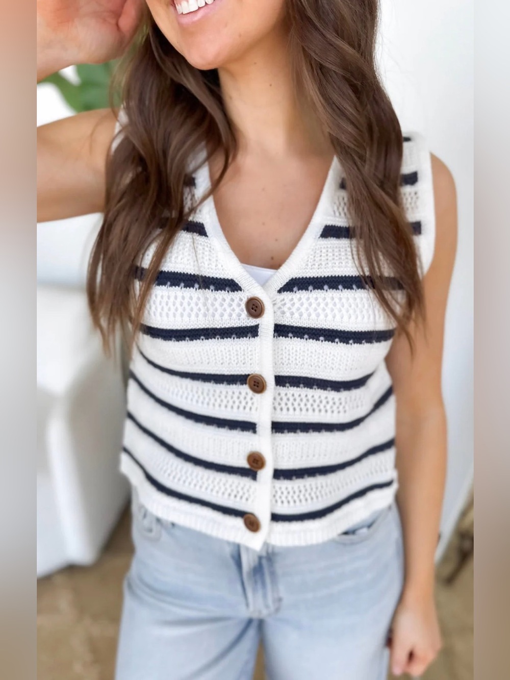 NWT Mustard Seed Striped Crochet Vest ~ Navy & White Stripe